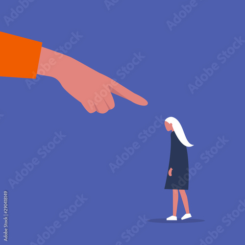 Guilt. Bullying. Victim blaming. Pointing finger. Young depressed female character. Emotions. Flat editable vector concept. Clip art