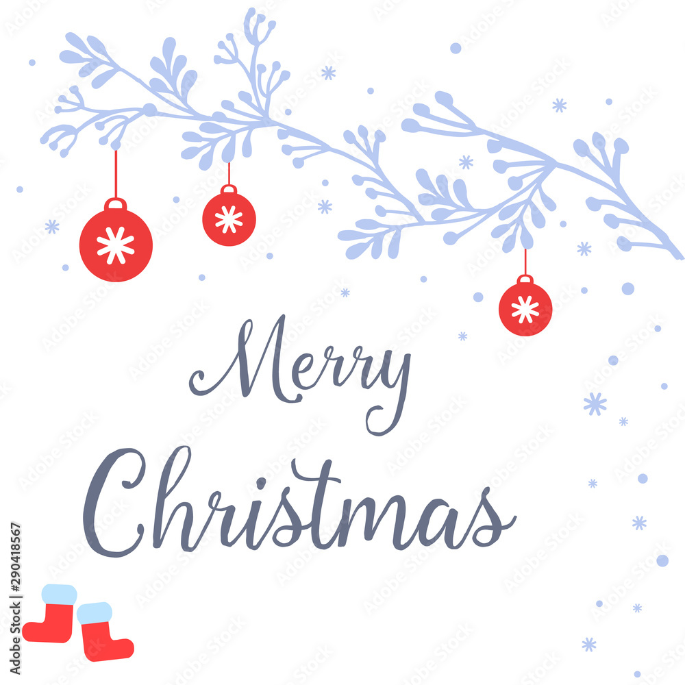 Fototapeta premium Greeting card merry christmas, with modern blue leaf flower frame, isolated on white background. Vector