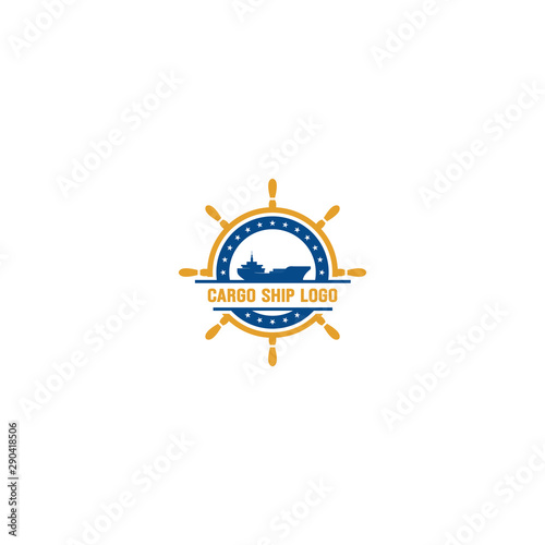 Blue cargo ship logo with additional ship steering logo