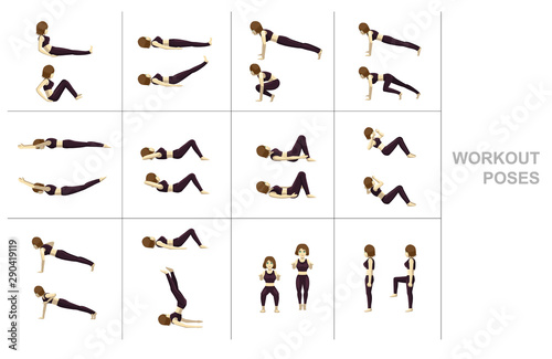 Manga Woman Cartoon Various Workout Poses Set Vector Illustration