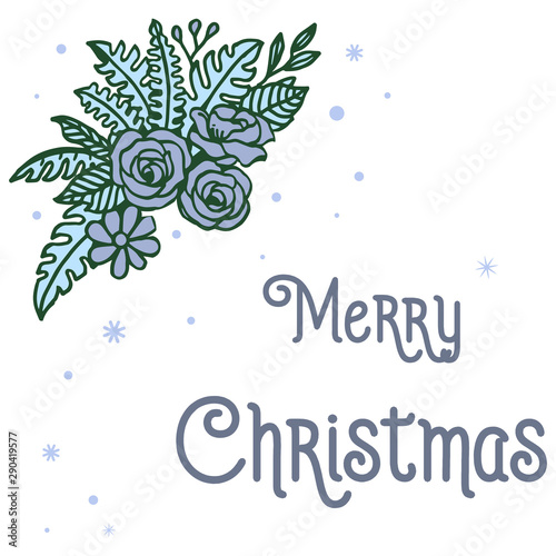 Background writting of merry christmas, with decoration of blue leaf floral frame. Vector