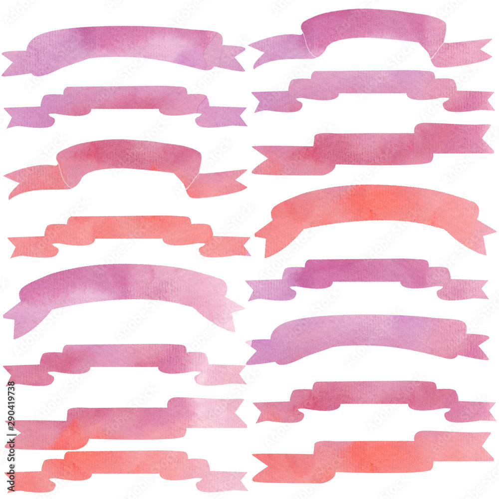 Watercolor Banners and Ribbons Clip Art on Isolated Background