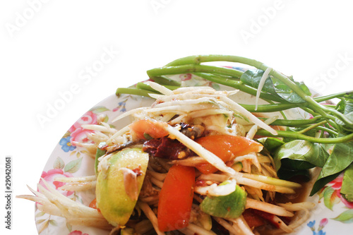 Papaya salad on white background. Food. Photo