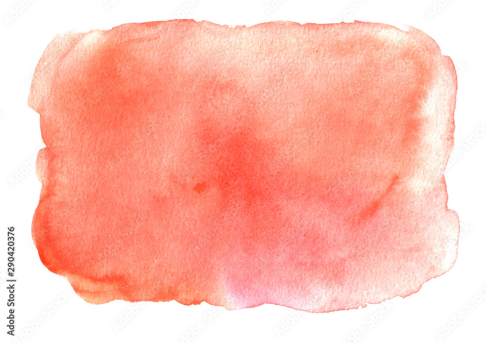 Watercolor abstract background. Coral pink delicate blot on a white background. Hand drawn. Color illustration with space for text and image. Use for card, text, logo, tag	