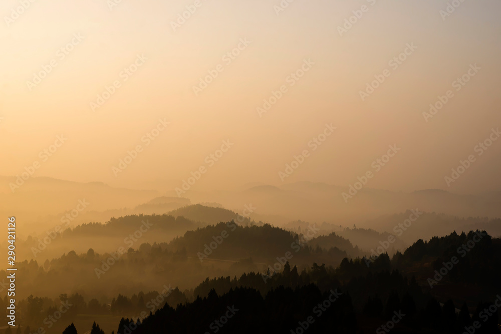 Mountain villages and jungles at sunrise
