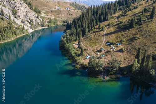 Aerial view of the first Kolsay lake in Kazakhstan