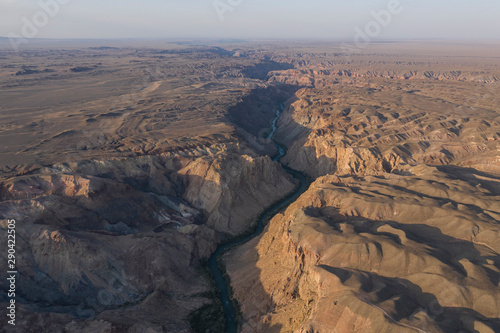 Aerial view of the Charyn Canyon and Charyn River in Kazakhstan, Central Asia, at sunset