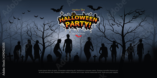 Crowd of hungry zombies in the woods. Silhouettes of scary zombies walking in the forest at night. Spooky forest with full moon and grave.