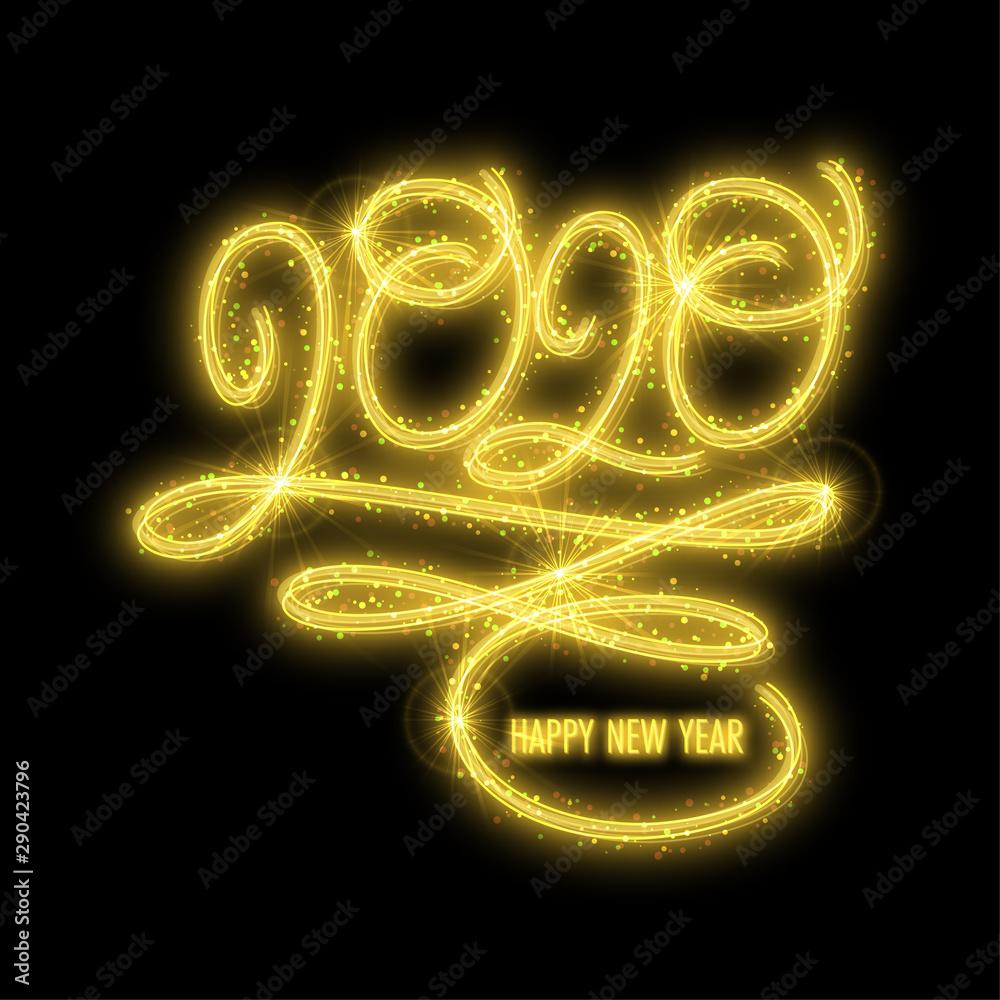 Shiny number 2020 made in sparkling sparklers style on black background. Design element for New year invitation or greeting card Shiny number 2020 made in sparkling sparklers style on black background. Design element for New year invitation or greeting card