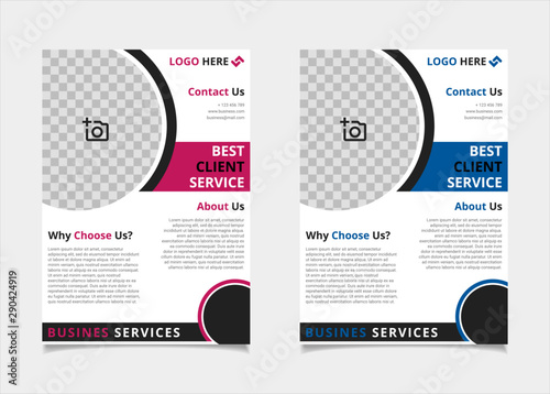 Business flyer template design vector, A4 brochure layout with circle geometry pink and light blue colour for company poster, annual report cover, and leaflets
