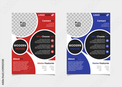Business flyer template design vector, A4 brochure layout with circle geometry red and indigo blue colour for company poster, annual report cover, and leaflets