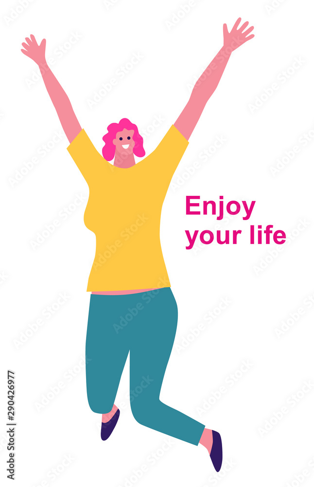 Successful young attractive woman jumping up. isolated on a white  background. Vector style cartoon illustration. Enjoy your life Stock Vector  | Adobe Stock