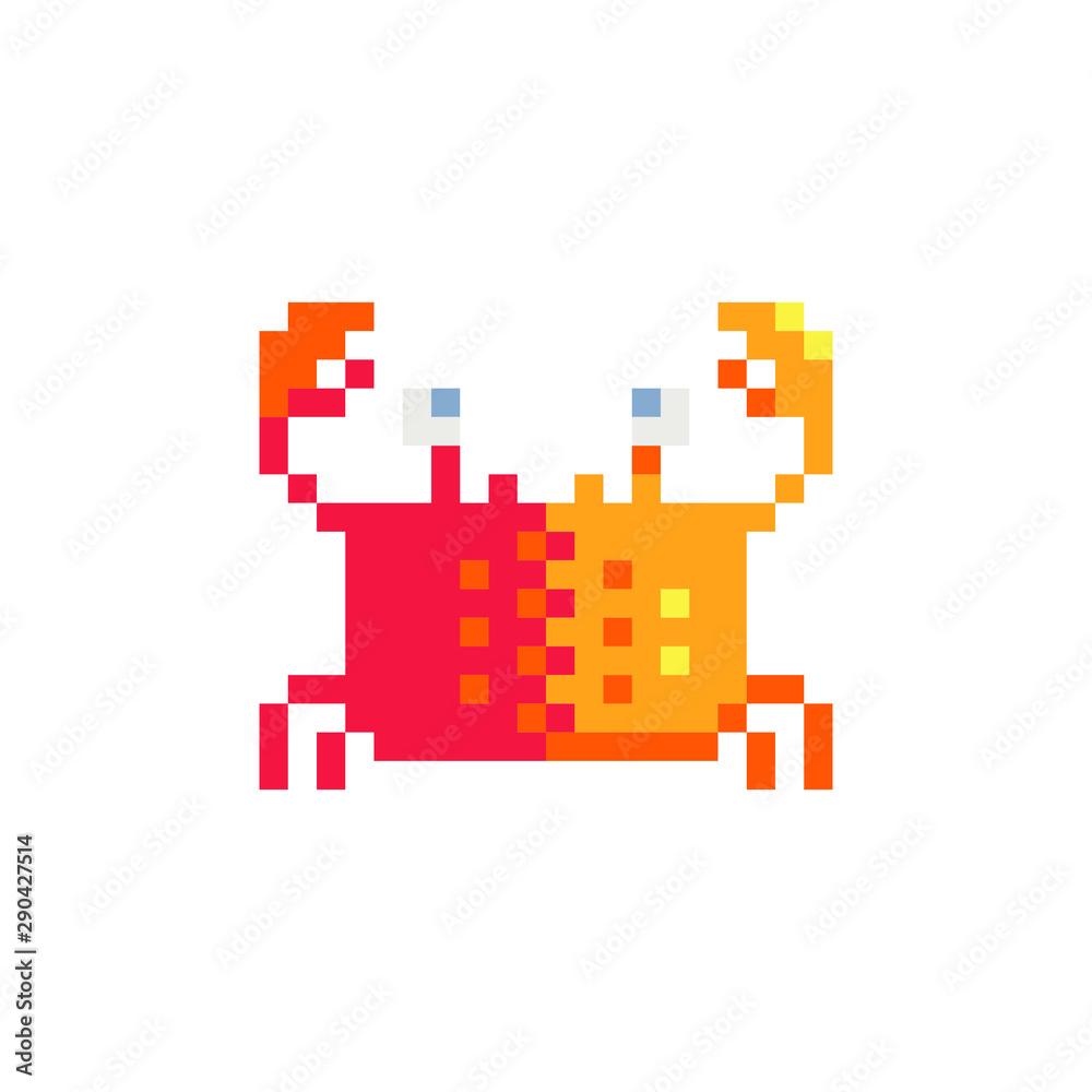 Crab character pixel art icon. Element design for logo, stickers, web, embroidery and mobile app. Isolated vector illustration. 8-bit sprite. Crab character pixel art icon. Element design for logo, stickers, web, embroidery and mobile app. Isolated vector illustration. 8-bit sprite.