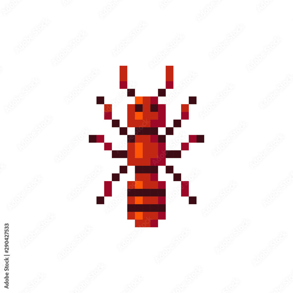 Fototapeta premium Ant insect pixel art icon. Element design for stickers, web, logo, embroidery and mobile app. Isolated vector illustration.