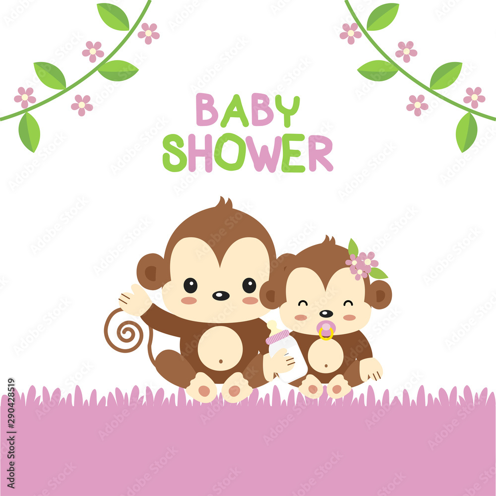 Baby Shower greeting card with mom and baby monkey. Baby Shower greeting card with mom and baby monkey.