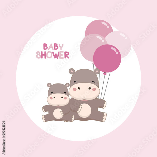 Baby shower invitation card.Cute hippopotamus with balloons cartoon. © miss[SIRI]