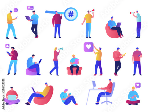 People Connection Digital Devices Browsing Concept. Set of people using tablet, smartphone, laptop. People likes account, searching for a hashtag using. Cartoon Flat Vector Illustration