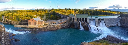 Panoramic View of Horseshoe Falls Dam at Bow River, Rocky Mountains Foothills west of Calgary.  Massive Concrete Structure was the first sizeable hydroelectric facility in Alberta, Canada photo