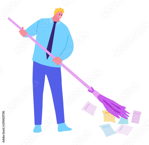 The company went bankrupt, the bonds lost their price, the Manager sweeps away the bonds as paper. Flat style. Concept illustration with colored characters.