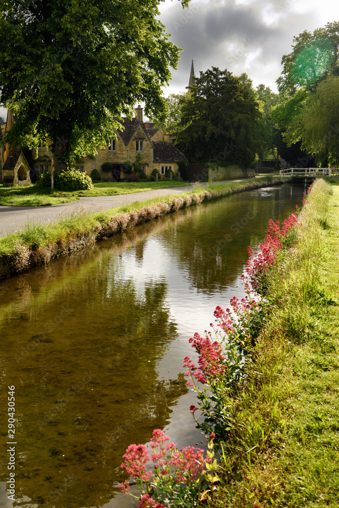 Fototapeta premium Pink flowers on the banks of the River Eye in morning sun in Lower Slaughter Cotswold District with Well landmark Gloucestershire England