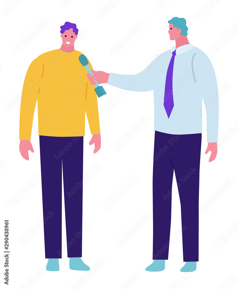 A man with a microphone interviews a man. Could be politician, business or other professional. Flat style. Concept illustration with colored characters. A man with a microphone interviews a man. Could be politician, business or other professional. Flat style. Concept illustration with colored characters.