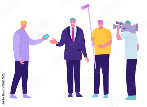 News conference. male businessman giving interview to a camera crew. Flat style