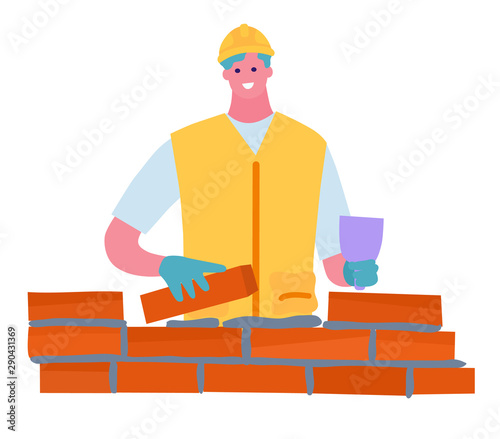 The Builder lays bricks. Flat style. Concept illustration with colored characters.