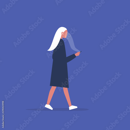 Smartphone addiction. Cloud. Young female user staring at the smartphone screen. Concept. Social media. Millennial issues. Flat editable vector illustration, clip art