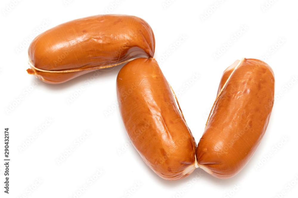 Smoked sausage isolated on white background. Food from meat. Smoked sausage isolated on white background. Food from meat.