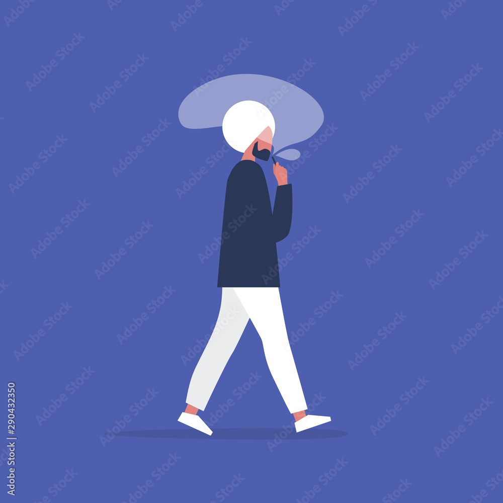 Obraz premium Vape. Young indian male character exhaling a smoke cloud. Lifestyle. Millennials and gadgets. Bad habits. Flat editable vector illustration, clip art