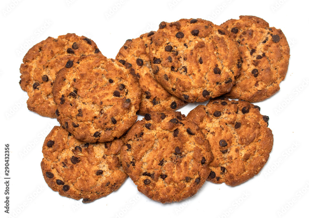 Oatmeal round cookies with chocolate. Isolated on a white background with a clipping path. Oatmeal round cookies with chocolate. Isolated on a white background with a clipping path.
