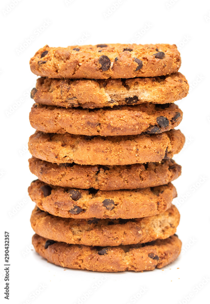 Oatmeal round cookies with chocolate. Isolated on a white background with a clipping path. Oatmeal round cookies with chocolate. Isolated on a white background with a clipping path.