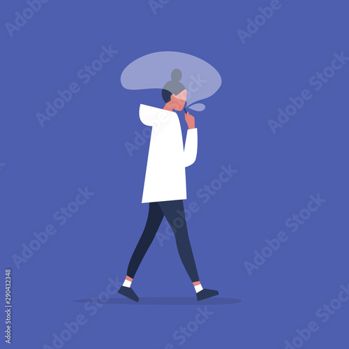 Vape. Young female character exhaling a smoke cloud. Lifestyle. Millennials and gadgets. Bad habits. Flat editable vector illustration, clip art