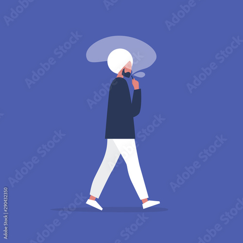 Vape. Young indian male character exhaling a smoke cloud. Lifestyle. Millennials and gadgets. Bad habits. Flat editable vector illustration, clip art