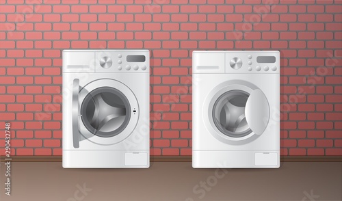 Vector realistic automatic washing-machine with front-loading clothes isolated on white background. 3D illustration.