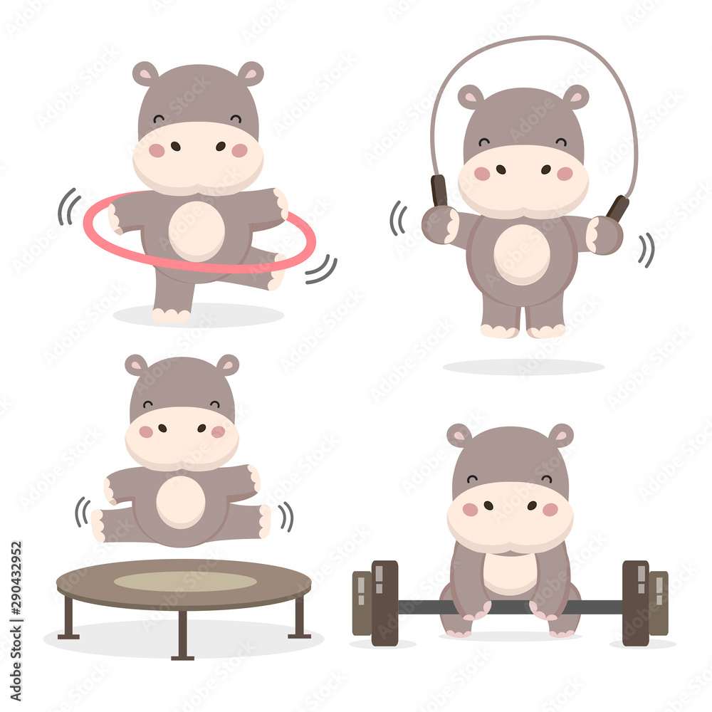 Funny Hippos doing exercise. Fitness and healthy lifestyle. 
