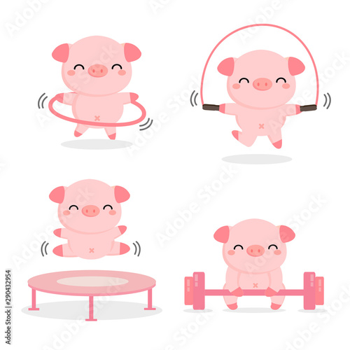 Funny pigs doing exercise. 