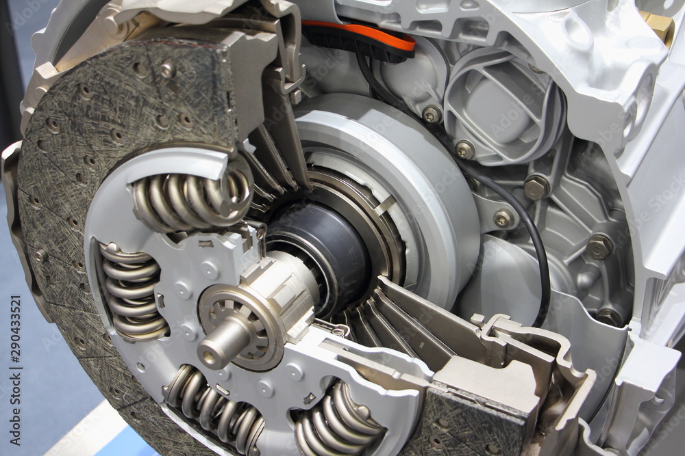 New truck transmission basket and clutch plate disc on gearbox in cut New truck transmission basket and clutch plate disc on gearbox in cut