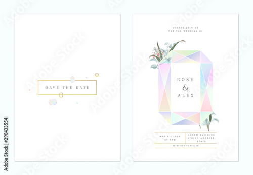 Minimalist botanical wedding invitation card template design, asscher shaped cut gemstone decorated with flowers and leaves on white, pastel theme
