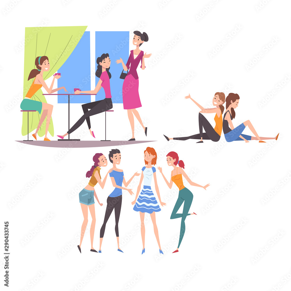 Naklejka premium Beautiful Young Woman Talking to Each Other, Female Friendship, Friends Spending Time Together Vector Illustration