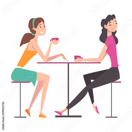 Beautiful Girls Sitting in Cafe and Talking to Each Other, Group of Girlfriends, Female Friendship Vector Illustration