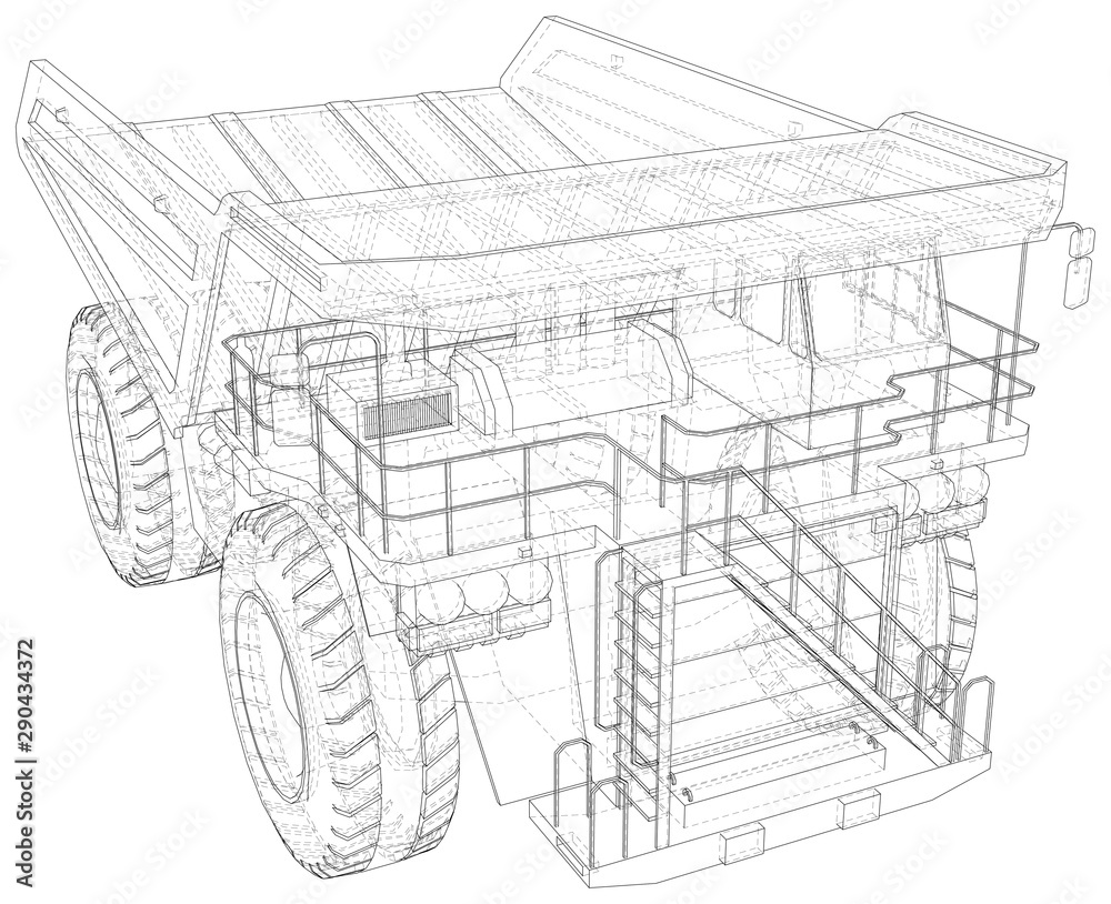 Large haul truck isolated on white background. Wire-frame style. The layers of visible and invisible lines are separated.