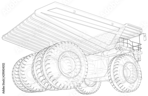 Heavy duty dump truck tipper drawing on white. EPS10 format. Vector created of 3d. Wire-frame style.