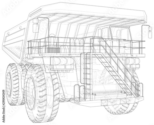 Dump truck, big transporter. The layers of visible and invisible lines are separated. EPS10 format. Wire-frame.