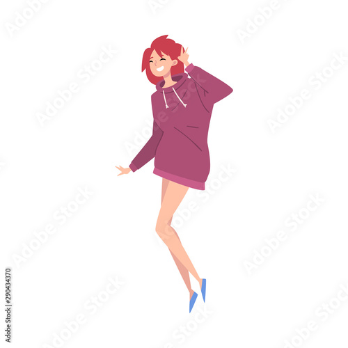 Smiling Red Haired Girl Wearing Purple Hoodie Cartoon Vector Illustration