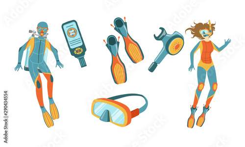 Snorkeling and Scuba Diving Elements Set, Scuba Diver Man and Woman Characters Dressed in Wetsuits with Equipment Vector Illustration