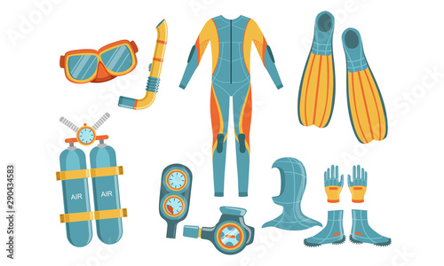 Diving Equipment Set, Wetsuit, Underwater Mask, Snorkel, Aqualung, Depth Gauge, Fins Vector Illustration
