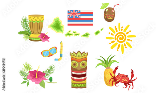 Collection of Hawaiian Traditional Objects, Coconut Cocktail, Turtle, Sun, Tiki Mask, Crab, Pineapple, Hibiscus Flower Vector Illustration