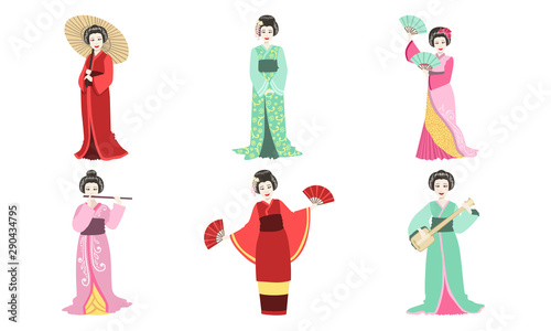 Stampa su tela Japanese Girls in Traditional Clothes Set, Asian Woman Wearing a Kimono, Geisha