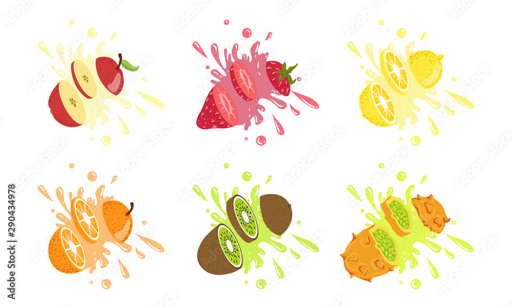 Sweet Fruits and Berries with Splashes Set, Apple, Strawberry, Lemon, Orange, Kiwi, Kiwano, Melon Vector Illustration